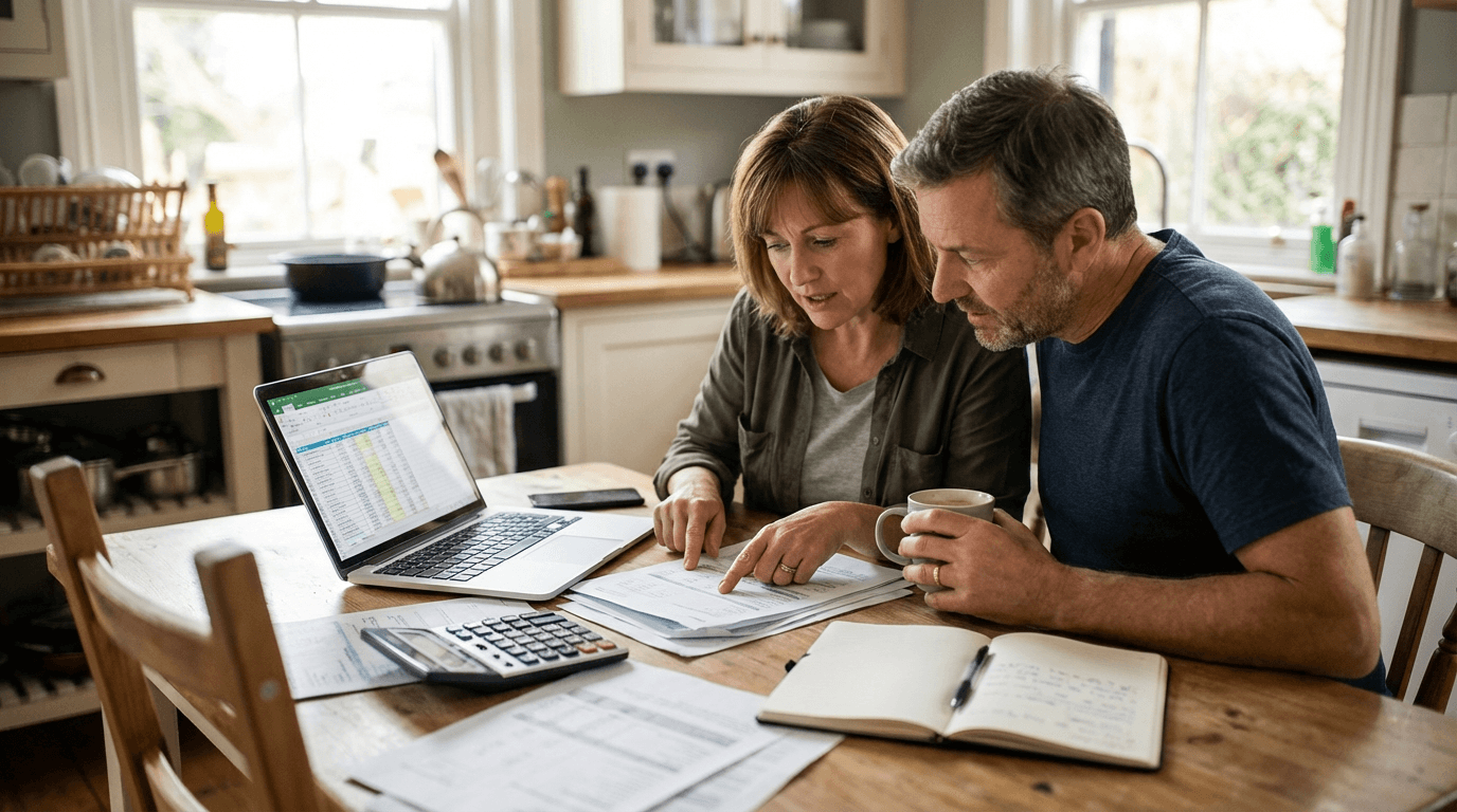 Adults reviewing household financial planning documents together at a table