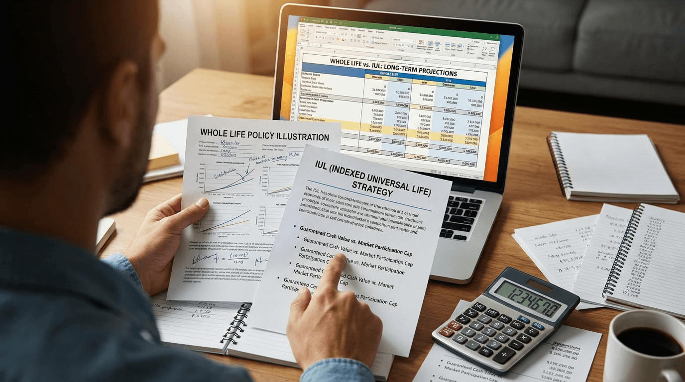 Desk scene showing a cash value policy forecast review