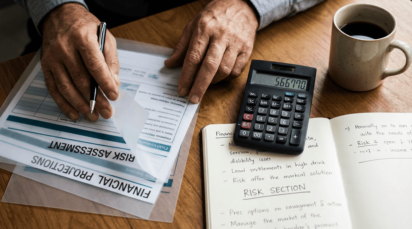 Hands reviewing an illustrative cash value forecast with planning tools